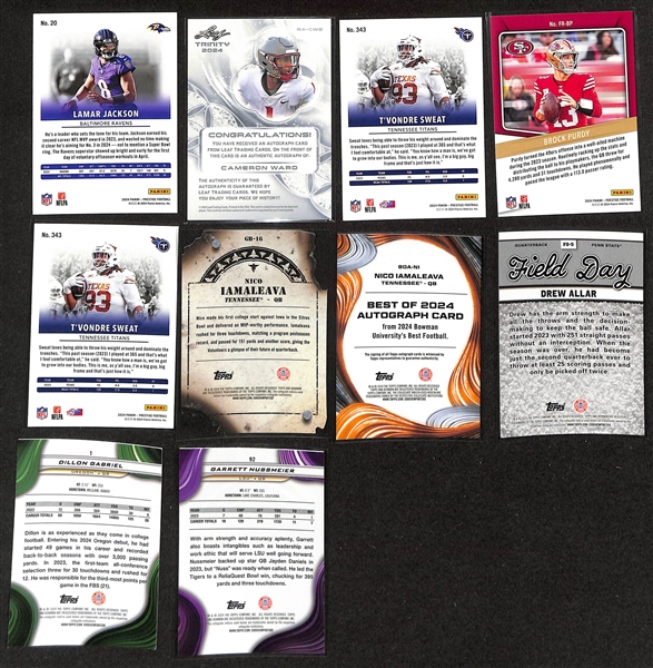 Lot of (55+) 2024 Football Cards inc. Panini Prestige #20 Lamar Jackson Hyper Extra Points and 2024 Leaf Trinity Cameron Ward Auto #/25