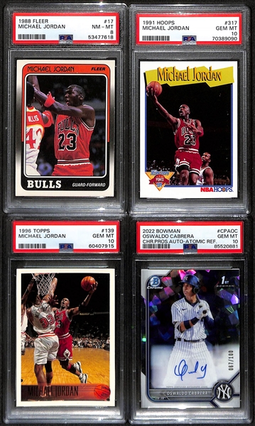 Lot of (4) PSA Graded Sports Cards - (3) Michael Jordan (1988 Fleer PSA 8, 1991 Hoops PSA 10, 1996 Topps PSA 10) & 2022 Bowman Chrome Oswaldo Cabrera Auto PSA 10 