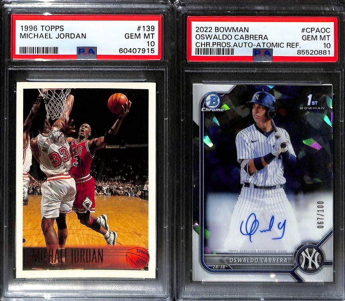 Lot of (4) PSA Graded Sports Cards - (3) Michael Jordan (1988 Fleer PSA 8, 1991 Hoops PSA 10, 1996 Topps PSA 10) & 2022 Bowman Chrome Oswaldo Cabrera Auto PSA 10 