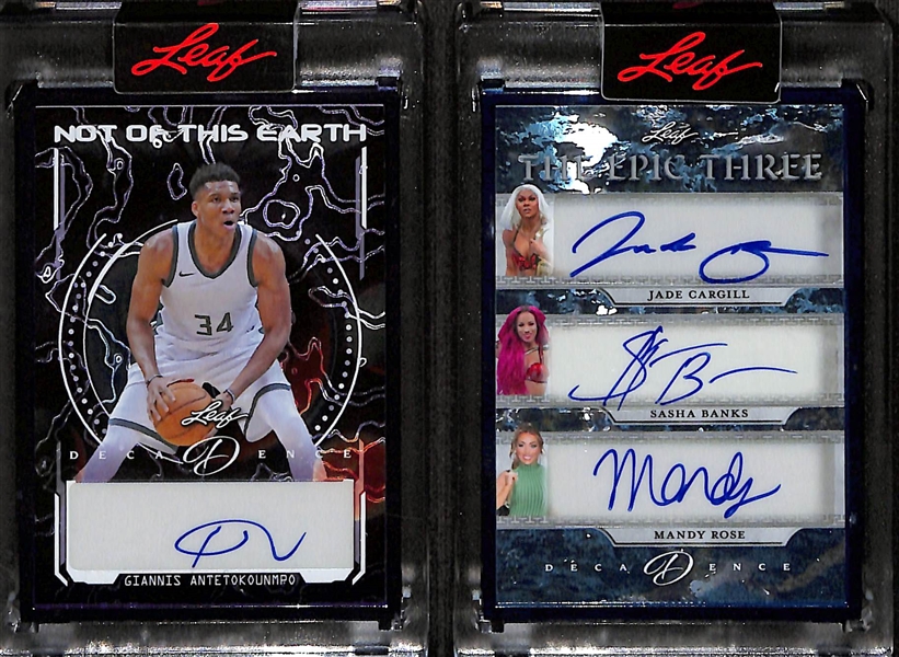 Lot of (2) 2024 Leaf Decadence Autographed Cards - Giannis Antetokounmpo Not of This Earth #5/5 & The Epic Three Jade Cargill, Sasha Banks, Mandy Rose #4/10