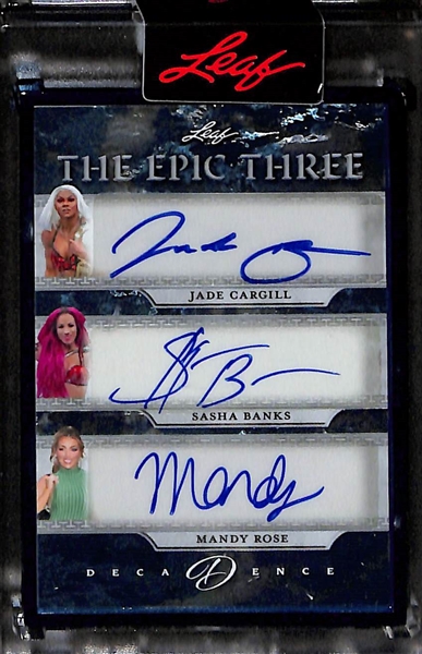 Lot of (2) 2024 Leaf Decadence Autographed Cards - Giannis Antetokounmpo Not of This Earth #5/5 & The Epic Three Jade Cargill, Sasha Banks, Mandy Rose #4/10