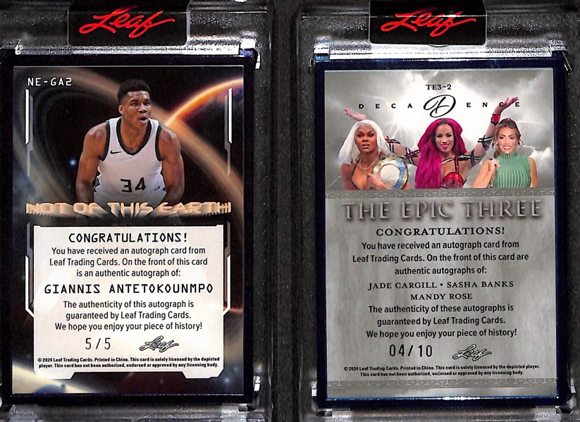 Lot of (2) 2024 Leaf Decadence Autographed Cards - Giannis Antetokounmpo Not of This Earth #5/5 & The Epic Three Jade Cargill, Sasha Banks, Mandy Rose #4/10