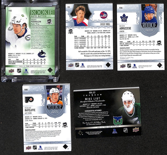 Lot of (5) 2021-22 The Cup Hockey Cards w. Vasily Podkolzin Rookie Autograph Button #2/3 + more