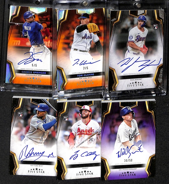 Lot of (6) 2024 Topps Five Star Autographed Baseball Cards Including Wyatt Langford Rookie Autograph, Tom Glavine Orange #2/5, & George Springer Orange #5/5 + others 