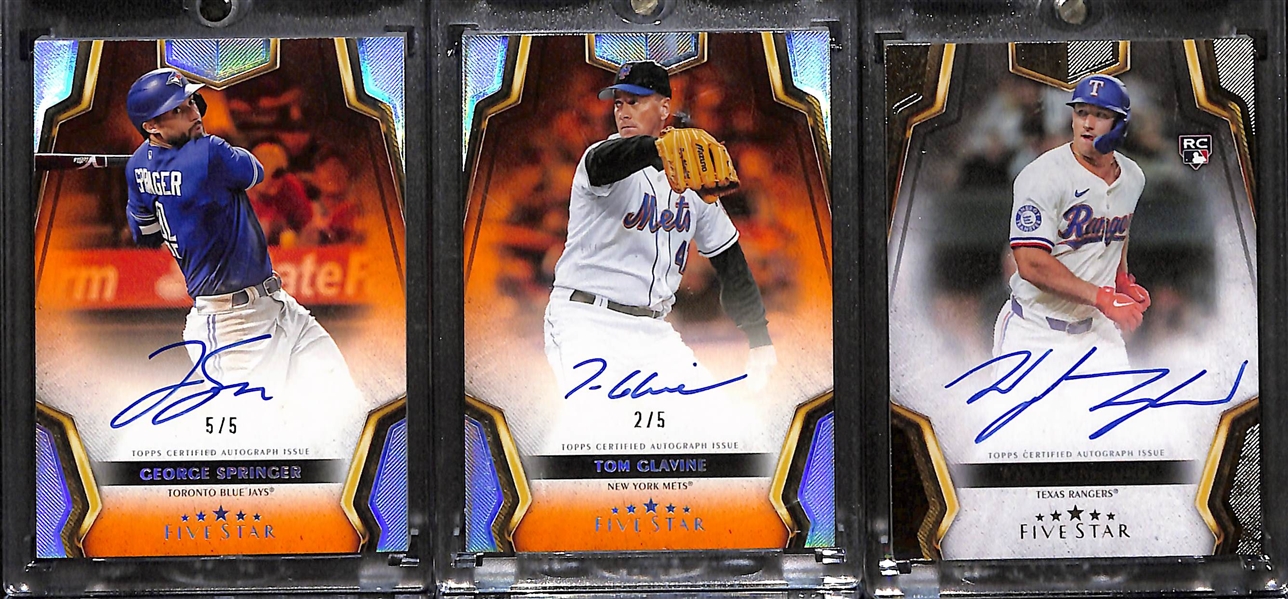 Lot of (6) 2024 Topps Five Star Autographed Baseball Cards Including Wyatt Langford Rookie Autograph, Tom Glavine Orange #2/5, & George Springer Orange #5/5 + others 