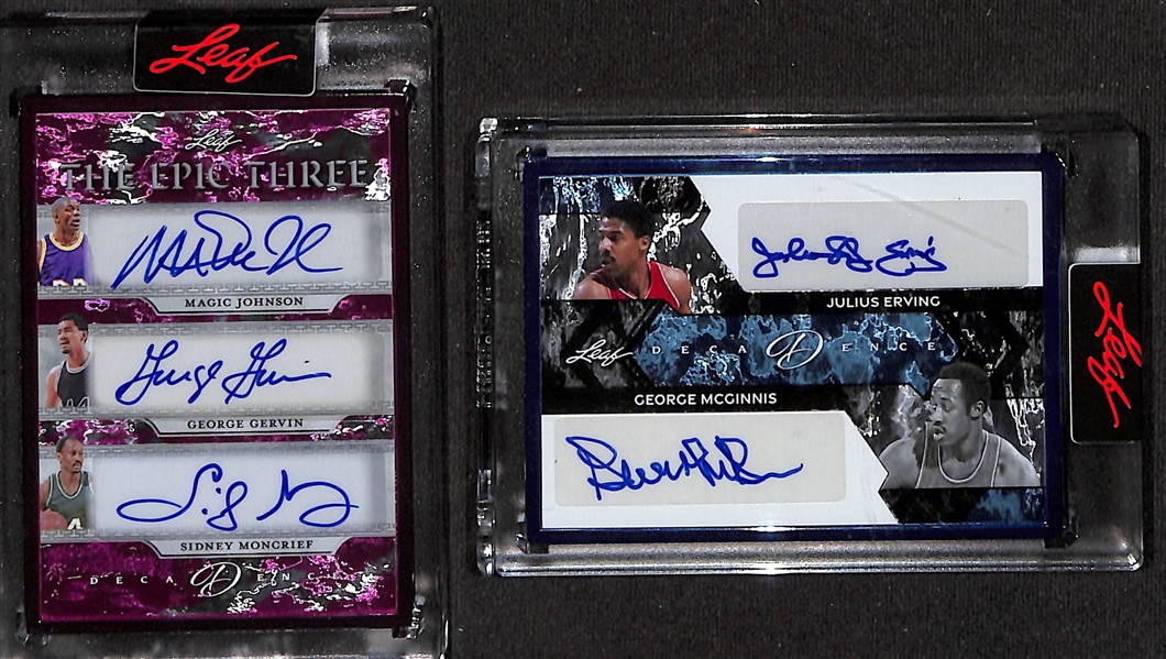 Lot of (2) 2024 Leaf Decadence Basketball Autographed Cards - The Epic Three Triple Autograph W. Magic Johnson, George Gervin, Sidney Moncrief #1/3 & Julius Erving George McGinnis Dual Autograph...