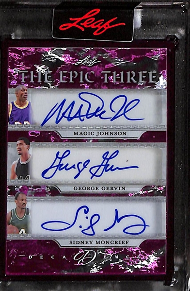 Lot of (2) 2024 Leaf Decadence Basketball Autographed Cards - The Epic Three Triple Autograph W. Magic Johnson, George Gervin, Sidney Moncrief #1/3 & Julius Erving George McGinnis Dual Autograph...