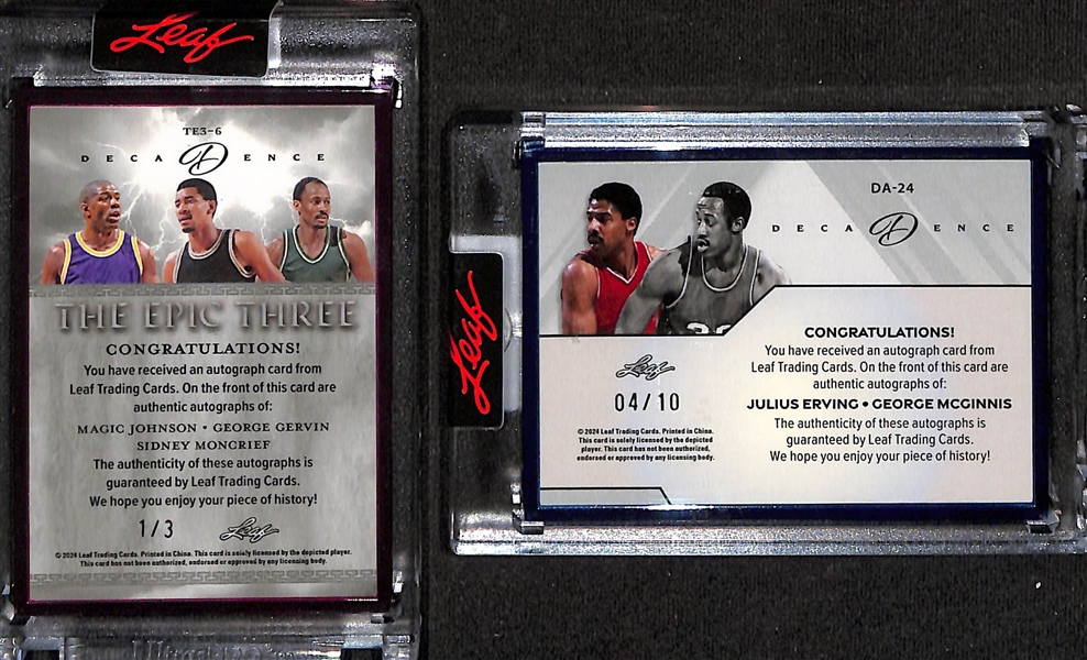 Lot of (2) 2024 Leaf Decadence Basketball Autographed Cards - The Epic Three Triple Autograph W. Magic Johnson, George Gervin, Sidney Moncrief #1/3 & Julius Erving George McGinnis Dual Autograph...