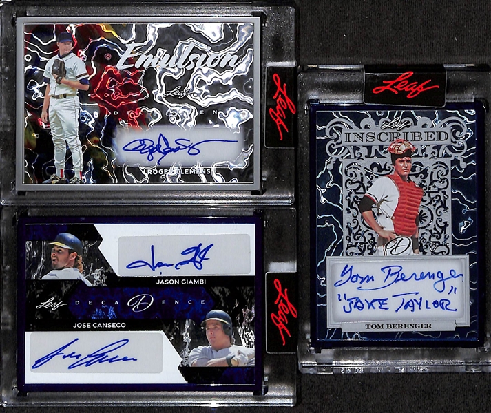 Lot of (3) 2024 Leaf Decadence Autographed Baseball Cards - Roger Clemens Emulsions #1/2 - Jason Giambi & Jose Canseco Dual #1/4 - Tom Berenger Inscribed #10/10