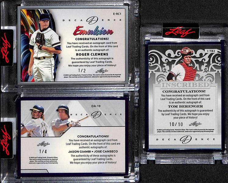 Lot of (3) 2024 Leaf Decadence Autographed Baseball Cards - Roger Clemens Emulsions #1/2 - Jason Giambi & Jose Canseco Dual #1/4 - Tom Berenger Inscribed #10/10