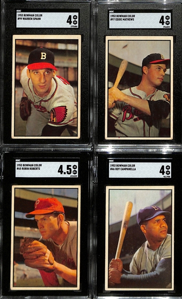 (58) 1953 Bowman Color Baseball Cards w. Spahn (SGC 4), Mathews (SGC 4), Roberts (SGC 4.5), Campanella (SGC 4), Rizzuto, Slaughter, Martin/Rizzuto, +