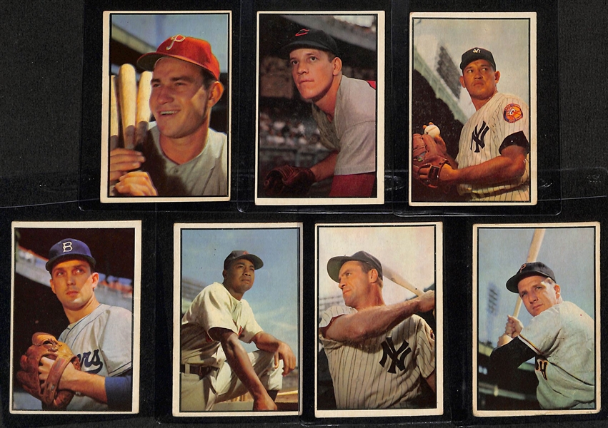 (58) 1953 Bowman Color Baseball Cards w. Spahn (SGC 4), Mathews (SGC 4), Roberts (SGC 4.5), Campanella (SGC 4), Rizzuto, Slaughter, Martin/Rizzuto, +