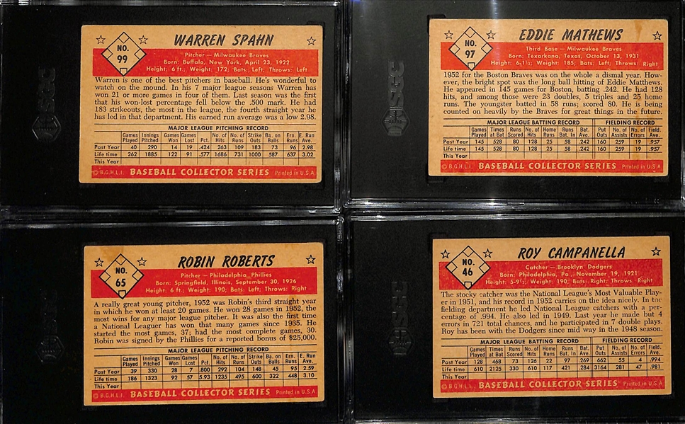 (58) 1953 Bowman Color Baseball Cards w. Spahn (SGC 4), Mathews (SGC 4), Roberts (SGC 4.5), Campanella (SGC 4), Rizzuto, Slaughter, Martin/Rizzuto, +