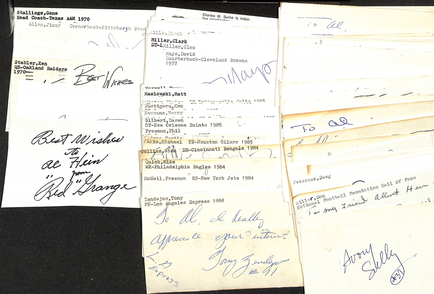 Lot of (50+) Signed Mostly Football Index Cards inc. Red Grange, Joe Montana, Ken Stabler, Sammy White, + (JSA Auction Letter)
