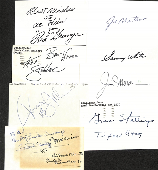 Lot of (50+) Signed Mostly Football Index Cards inc. Red Grange, Joe Montana, Ken Stabler, Sammy White, + (JSA Auction Letter)