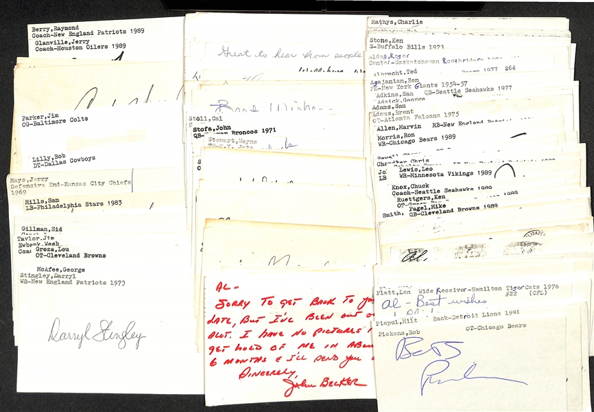 Lot of (100+) Signed Mostly Football Index Cards inc. Darryl Stingley, George McAfee, Lou Groza, Weeb Ewbank, Jim Taylor, Sid Gillman, + (JSA Auction Letter)