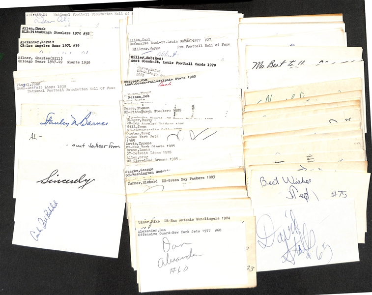 Lot of (75+) Signed Mostly Football Index Cards inc. Bill Belichick, Red Grange, Charley Trippi, John Marshall, Stanley Barnes, + (JSA Auction Letter)