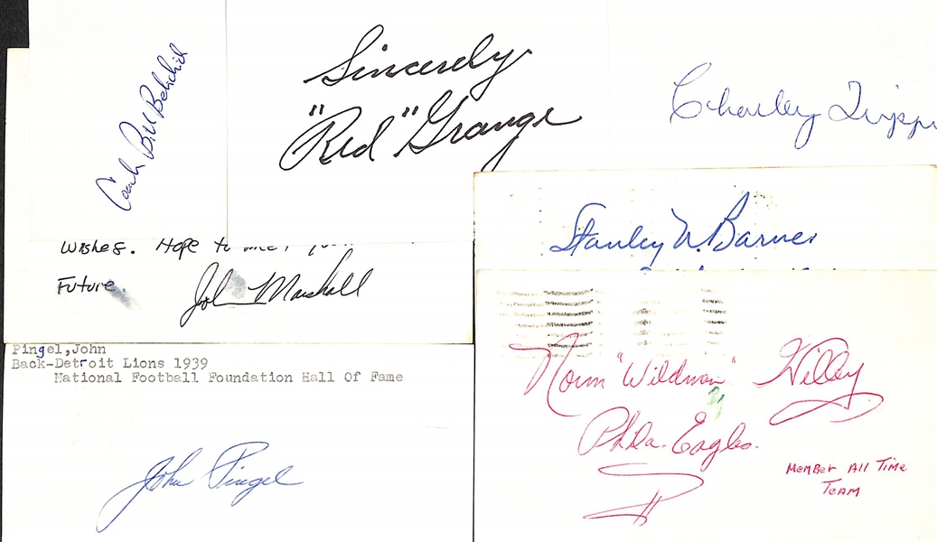 Lot of (75+) Signed Mostly Football Index Cards inc. Bill Belichick, Red Grange, Charley Trippi, John Marshall, Stanley Barnes, + (JSA Auction Letter)