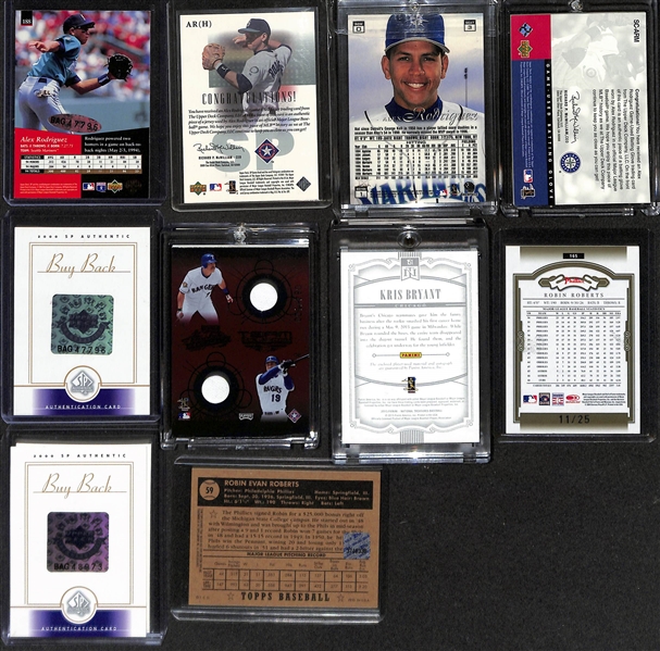 Lot of (10) Baseball Cards w. (5) Alex Rodriguez, Ivan Rodriguez, Kris Bryant, Robin Roberts, and Andruw Jones