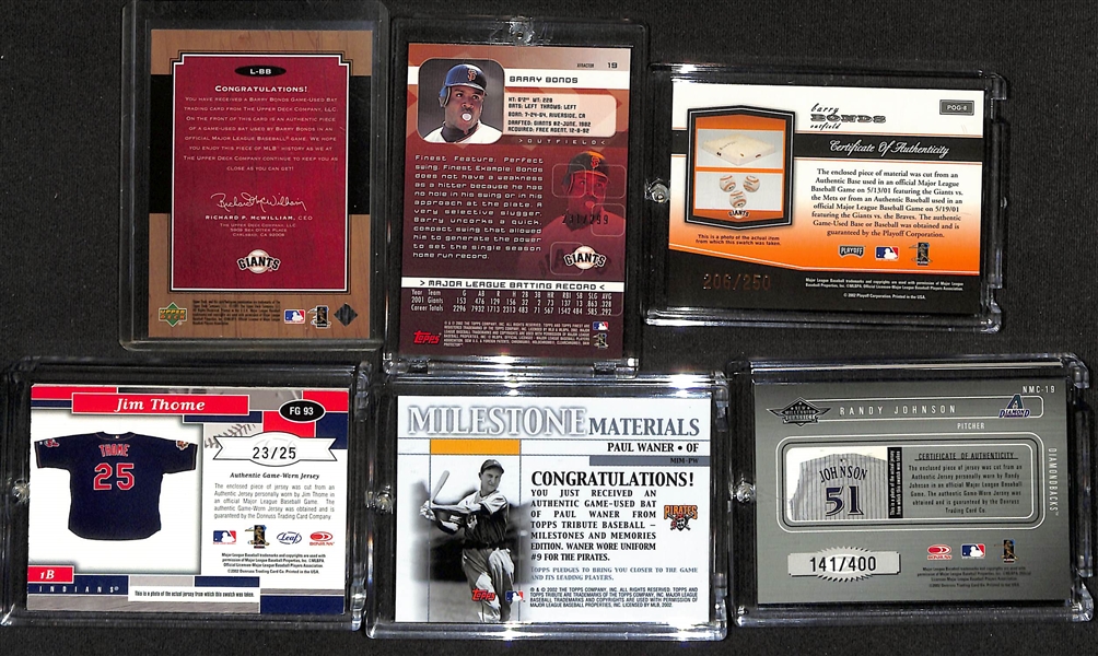 Lot of (17) Baseball Relic Cards w. (3) Barry Bonds, Jim Thome, Paul Waner, Randy Johnson, and more. 