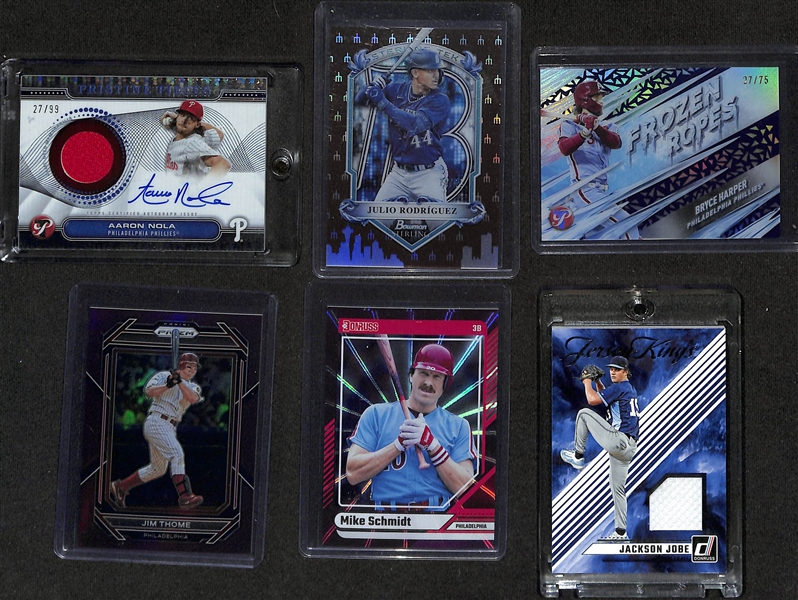 Lot of (75+) Baseball Cards inc. (5) Paul Skenes Rookies, Aaron Nola Autograph Patch (#/99), Julio Rodriguez Sterling Tek (#/15), +