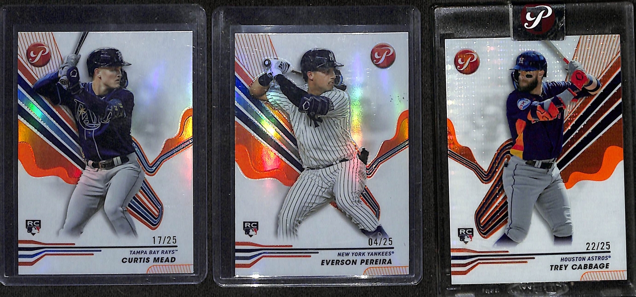 Lot of (32) 2024 Topps Pristine Baseball Refractors inc. Curtis Mead Rookie Orange (#/25), Everson Pereira Rookie Orange (#/25), Trey Cabbage Rookie Orange (#/25), +