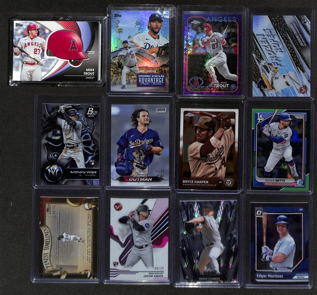 Lot of (500+) Mostly Baseball Cards inc. 2024 Topps Clayton Kershaw Home Field Advantage, 2024 Topps Chrome Mike Trout Logofractor Purple (#/250), +