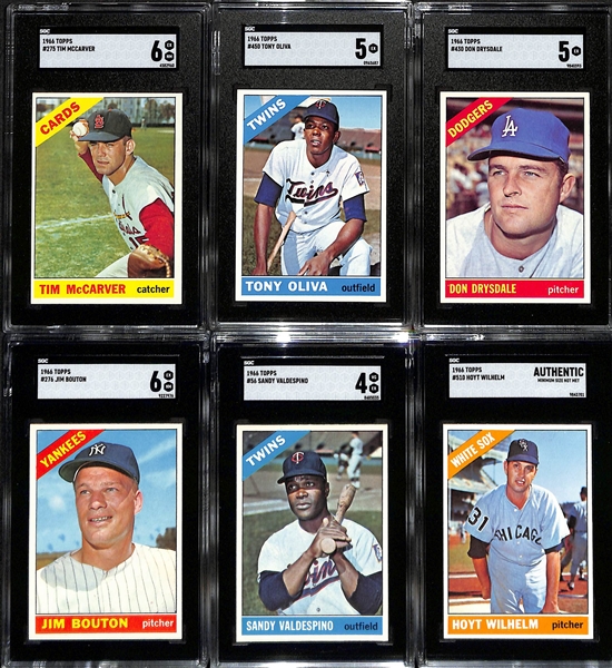 (6) Graded 1966 Topps Baseball Cards - Tim McCarver (SGC 6), Oliva (SGC 5). Drysdale (SGC 5), Bouton (SGC 6), Valdespino (SGC 4), Wilhelm (SGC Authentic)