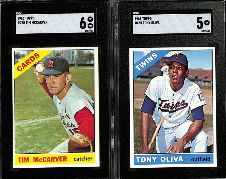 (6) Graded 1966 Topps Baseball Cards - Tim McCarver (SGC 6), Oliva (SGC 5). Drysdale (SGC 5), Bouton (SGC 6), Valdespino (SGC 4), Wilhelm (SGC Authentic)