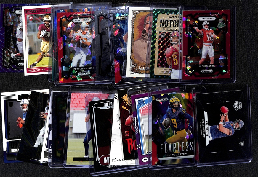 Lot of (20+) 2023 & 2024 Football Cards w. 2024 Panini Mosaic Notoriety Green Mosaic Jayden Daniels & 2024 Prizm Draft Picks Arch Manning Rated Prospects Red Cracked Ice 