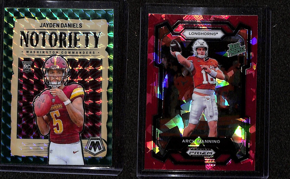 Lot of (20+) 2023 & 2024 Football Cards w. 2024 Panini Mosaic Notoriety Green Mosaic Jayden Daniels & 2024 Prizm Draft Picks Arch Manning Rated Prospects Red Cracked Ice 