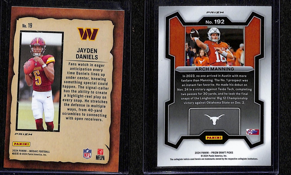 Lot of (20+) 2023 & 2024 Football Cards w. 2024 Panini Mosaic Notoriety Green Mosaic Jayden Daniels & 2024 Prizm Draft Picks Arch Manning Rated Prospects Red Cracked Ice 