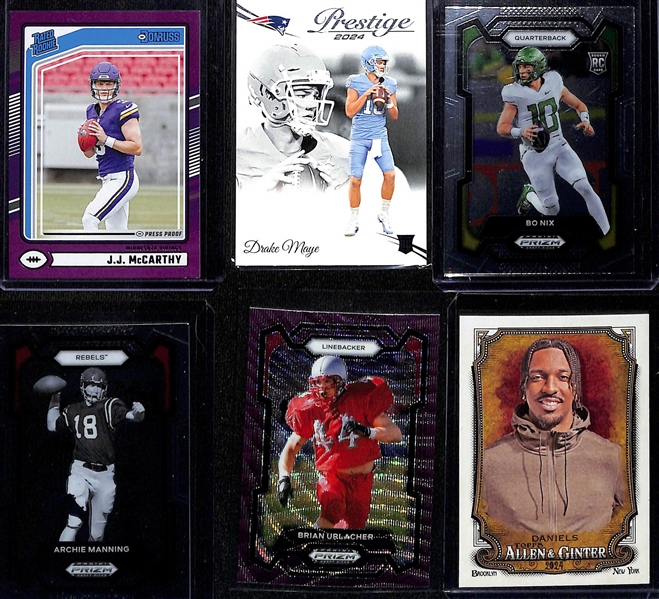 Lot of (20+) 2023 & 2024 Football Cards w. 2024 Panini Mosaic Notoriety Green Mosaic Jayden Daniels & 2024 Prizm Draft Picks Arch Manning Rated Prospects Red Cracked Ice 