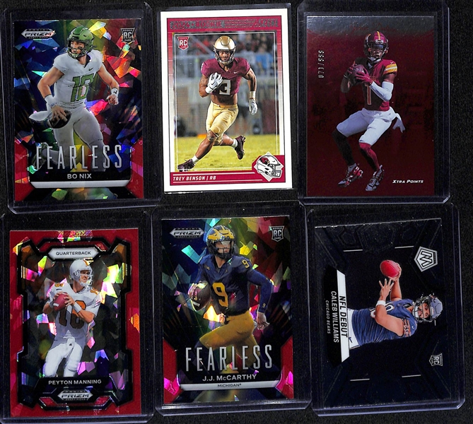 Lot of (20+) 2023 & 2024 Football Cards w. 2024 Panini Mosaic Notoriety Green Mosaic Jayden Daniels & 2024 Prizm Draft Picks Arch Manning Rated Prospects Red Cracked Ice 