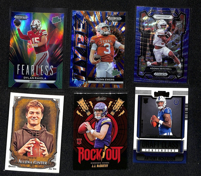 Lot of (20+) 2023 & 2024 Football Cards w. 2024 Panini Mosaic Notoriety Green Mosaic Jayden Daniels & 2024 Prizm Draft Picks Arch Manning Rated Prospects Red Cracked Ice 