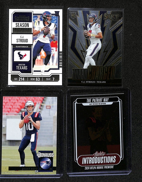 Lot of (20+) 2023 & 2024 Football Cards w. 2024 Panini Mosaic Notoriety Green Mosaic Jayden Daniels & 2024 Prizm Draft Picks Arch Manning Rated Prospects Red Cracked Ice 