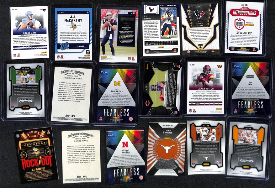 Lot of (20+) 2023 & 2024 Football Cards w. 2024 Panini Mosaic Notoriety Green Mosaic Jayden Daniels & 2024 Prizm Draft Picks Arch Manning Rated Prospects Red Cracked Ice 
