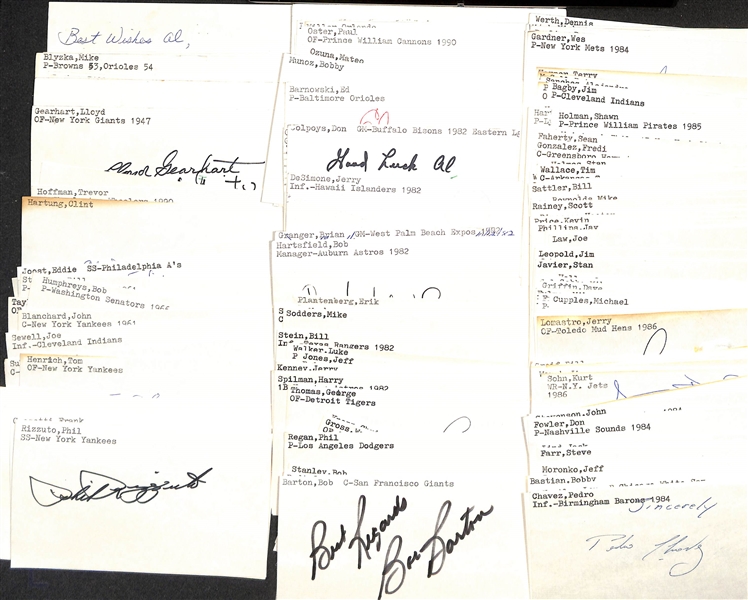 Lot of (75+) Signed Mostly Baseball Index Cards inc. Phil Rizzuto, Rich Gossage, Frank Cosetti, + (JSA Auction Letter)