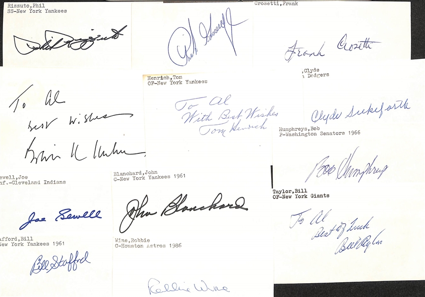 Lot of (75+) Signed Mostly Baseball Index Cards inc. Phil Rizzuto, Rich Gossage, Frank Cosetti, + (JSA Auction Letter)