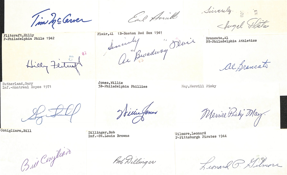 Lot of (125+) Signed Mostly Baseball Index Cards inc. Tim McCarver, Earl Averill, Angel Fleitas, Hilly Flitcraft, Al Flair, + (JSA Auction Letter)