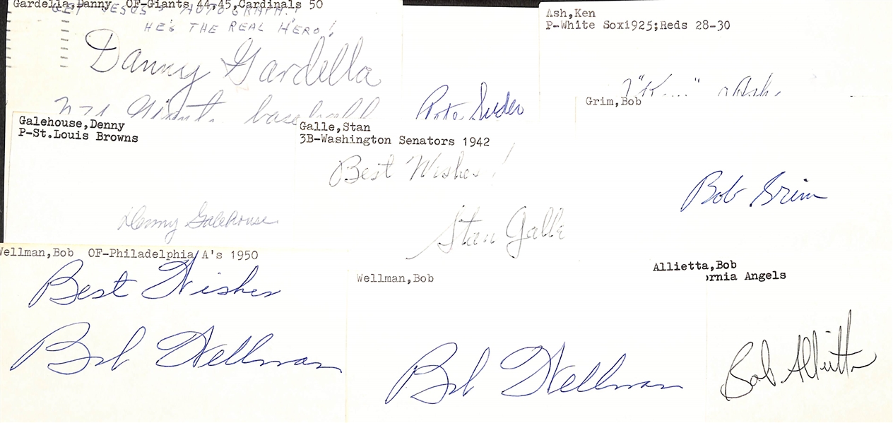 Lot of (125+) Signed Mostly Baseball Index Cards inc. Tim McCarver, Earl Averill, Angel Fleitas, Hilly Flitcraft, Al Flair, + (JSA Auction Letter)