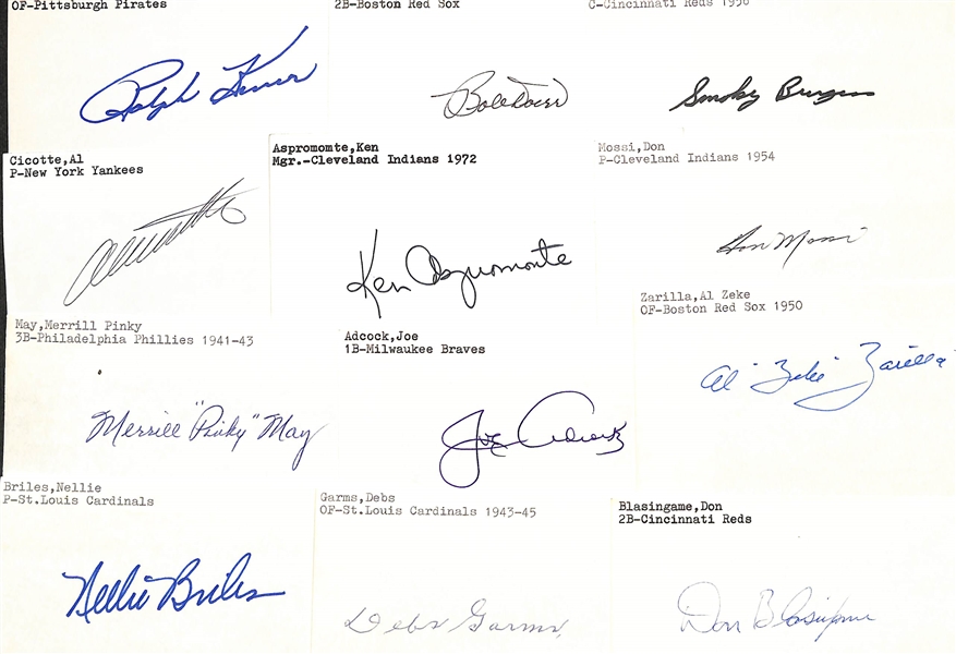 Lot of (100+) Signed Mostly Baseball Index Cards inc. Ralph Kiner, Bob Doerr, Smoky Burgess, Al Cicotte, + (JSA Auction Letter)