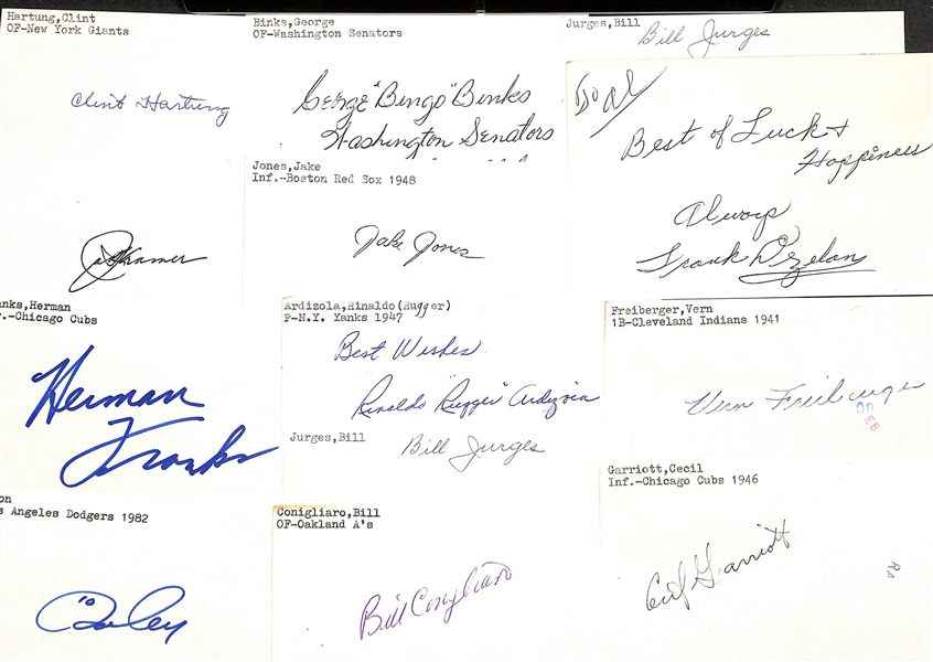 Lot of (100+) Signed Mostly Baseball Index Cards inc. Ralph Kiner, Bob Doerr, Smoky Burgess, Al Cicotte, + (JSA Auction Letter)
