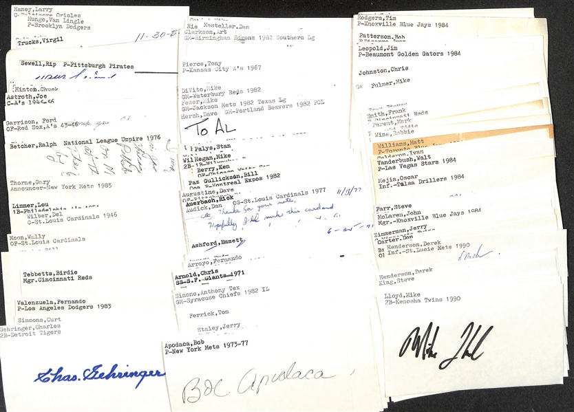Lot of (75+) Signed Baseball Index Cards inc. Charles Gehringer, Curt Simmons, Fernando Valenzuela, Birdie Tebbetts, Trevor Hoffman + (JSA Auction Letter)