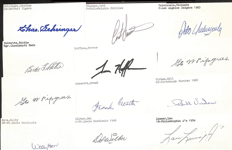 Lot of (75+) Signed Baseball Index Cards inc. Charles Gehringer, Curt Simmons, Fernando Valenzuela, Birdie Tebbetts, Trevor Hoffman + (JSA Auction Letter)