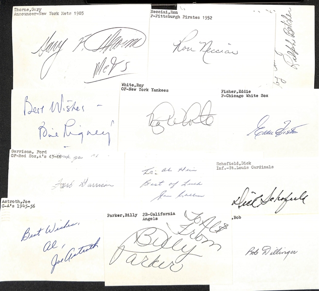 Lot of (75+) Signed Baseball Index Cards inc. Charles Gehringer, Curt Simmons, Fernando Valenzuela, Birdie Tebbetts, Trevor Hoffman + (JSA Auction Letter)