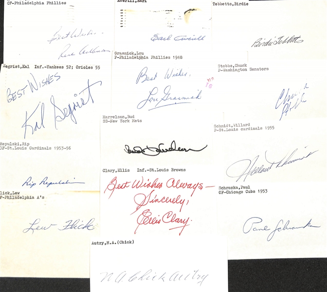 Lot of (100+) Signed Mostly Baseball Index Cards inc. Richie Ashburn, Earl Averill, Birdie Tebbetts, + (JSA Auction Letter)