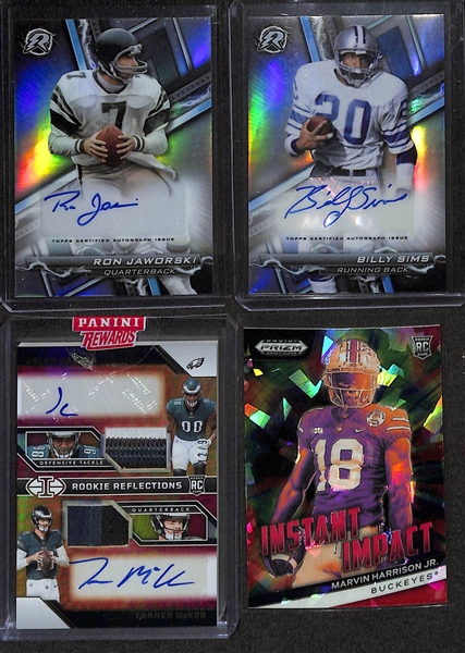 Lot of (60+) Various 2023-2024 Football Cards w. 2023 Topps Composite Ron Jaworski Auto, 2023 Topps Composite Billy Sims Auto, 2023 Illusions Rookie Reflections RPA Jalen Carter/Tanner McKee