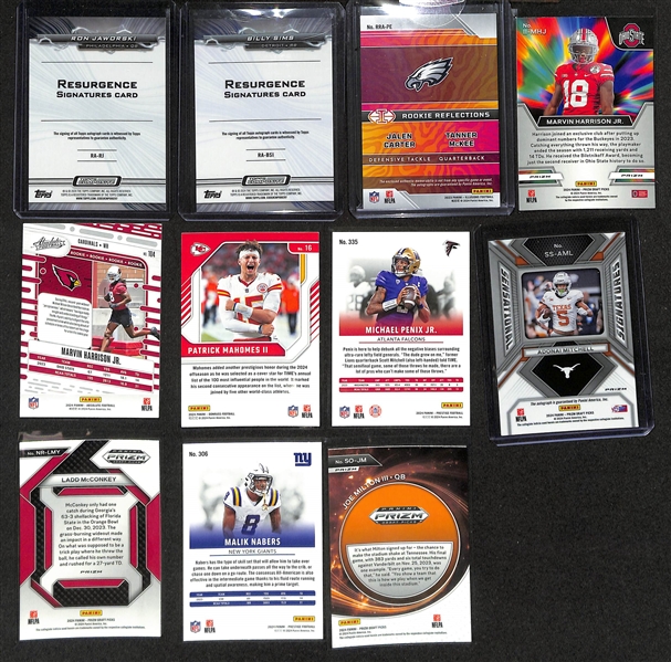 Lot of (60+) Various 2023-2024 Football Cards w. 2023 Topps Composite Ron Jaworski Auto, 2023 Topps Composite Billy Sims Auto, 2023 Illusions Rookie Reflections RPA Jalen Carter/Tanner McKee