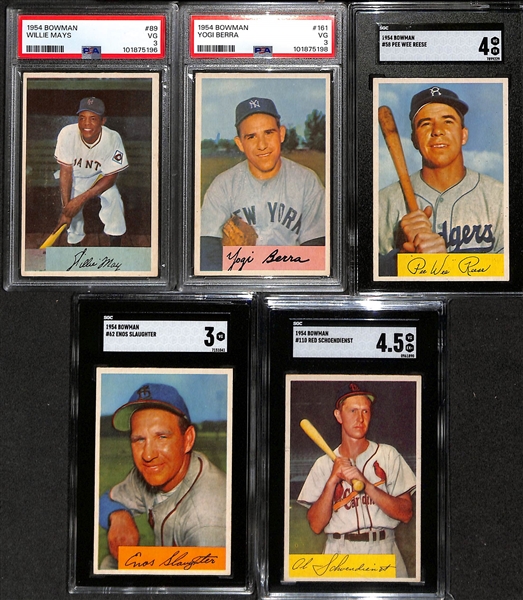 (140) 1954 Bowman Baseball Cards w. Mays (PSA 3), Berra (PSA 3), Reese (SGC 4), Slaughter (SGC 3), Schoendienst (SGC 4.5), Rizzuto, Campanella, Ford, Hodges, Newcombe, (2) Roberts, +